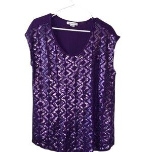 Liz Claiborne Purple Sequin Chevron Pattern Sleeveless Top XL Rayon/Spandex
